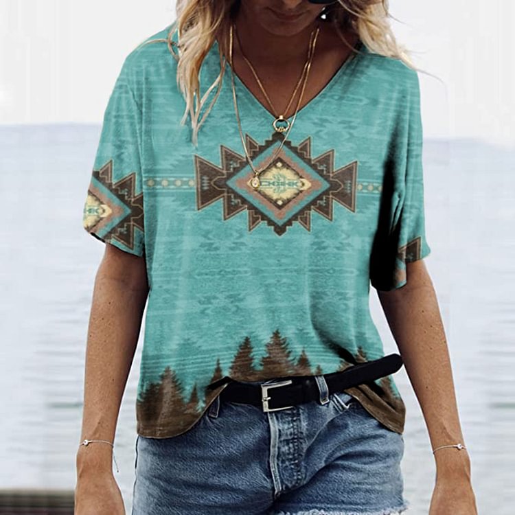 Vefave Western Print V-Neck Casual T-Shirt