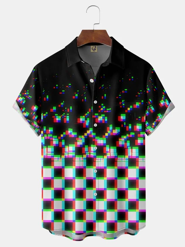 Geometric Check Chest Pocket Short Sleeve Casual Shirt