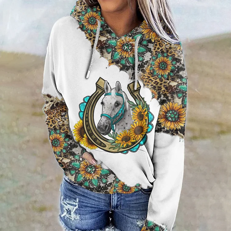 Vefave Western Sunflower Print Long Sleeve Casual Hoodie