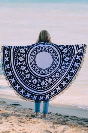 Black White Tribal Print Fringed Mandala Boho Roundie Beach Throw - Shop Trendy Women's Clothing | LoverChic
