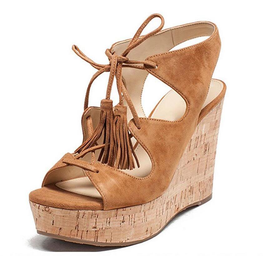 VCSHOES Tassels Suede Lace-up Open Toe Platform Wedge Sandals