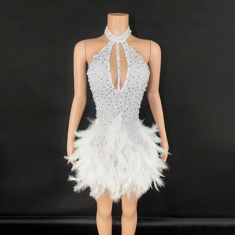 TAAFO  High Neck Sequin Evening Night Wedding Dress With Pearls Feather For Dress