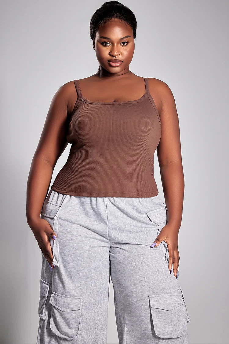 Plus Size Daily Cami Brown Camisole Vest Ribbed Knitted Versatile Bottoming Crop Top Cami [Pre-Order]