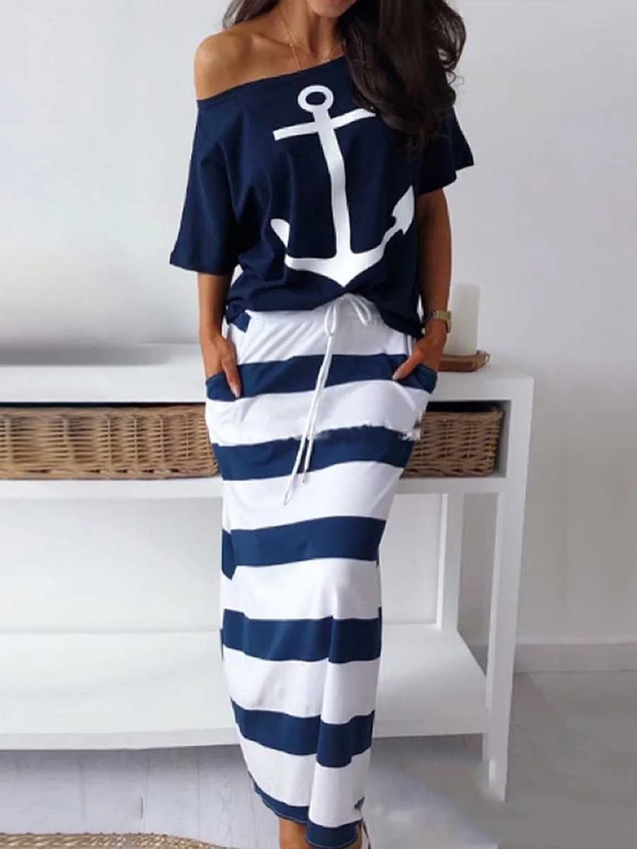 Anchor Blouse  Striped Long Skirt Suit