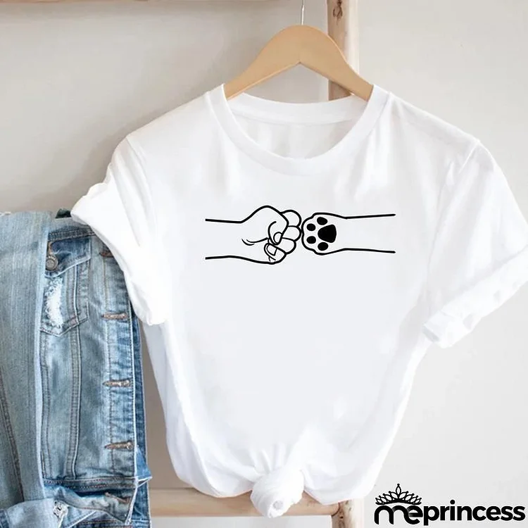 Women Loose Simple Cartoon Cat Footprint Print Round Neck Short Sleeve T-Shirt