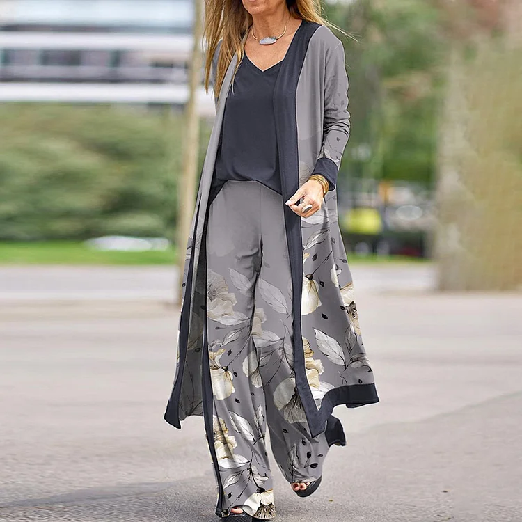 Comstylish Casual Floral Print Cardigan Wide Leg Pants Two-Piece Set
