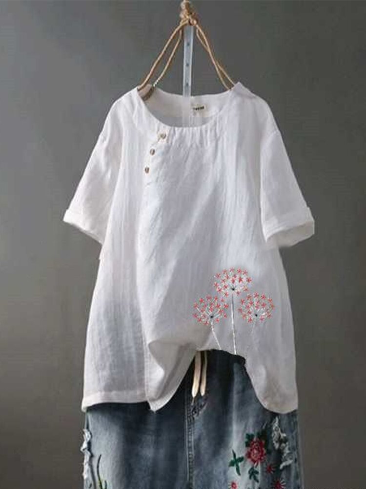 Flower Print Short Sleeve O neck Button Casual T shirt P1692071