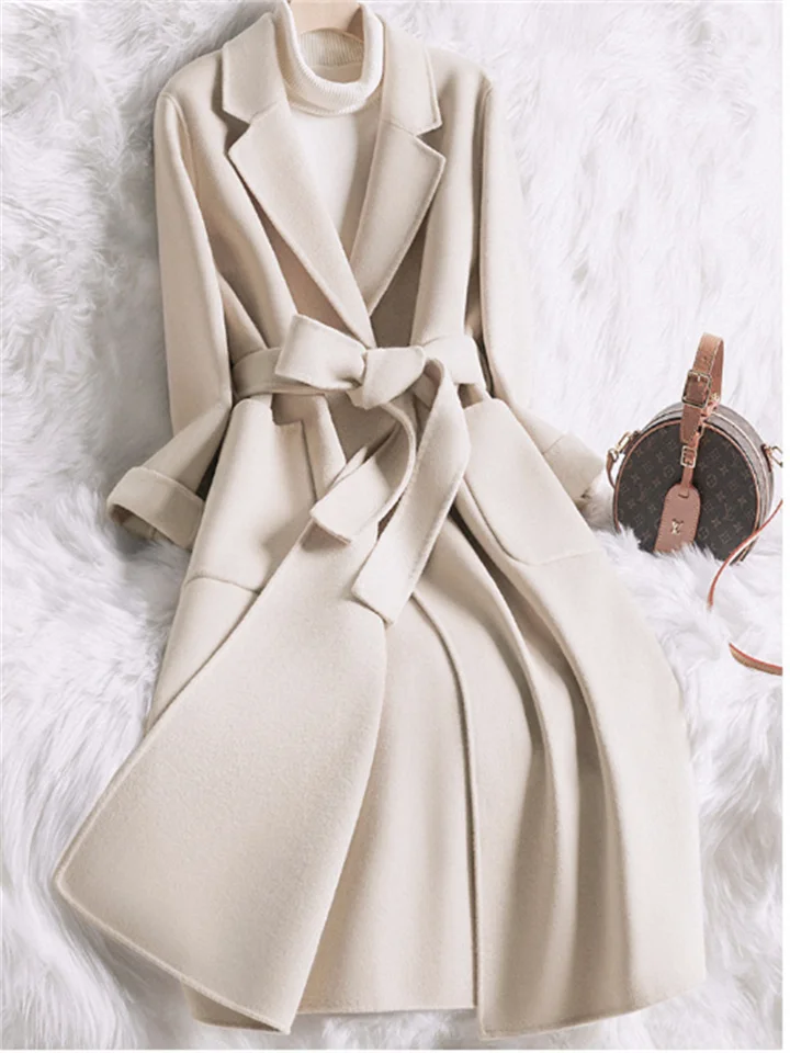 Women's Winter Coat Coat Warm Breathable Outdoor Daily Wear Vacation Going out Pocket With Belt Single Breasted Turndown Active Fashion Comfortable Street Style Solid Color Regular Fit Outerwear Long-Cosfine