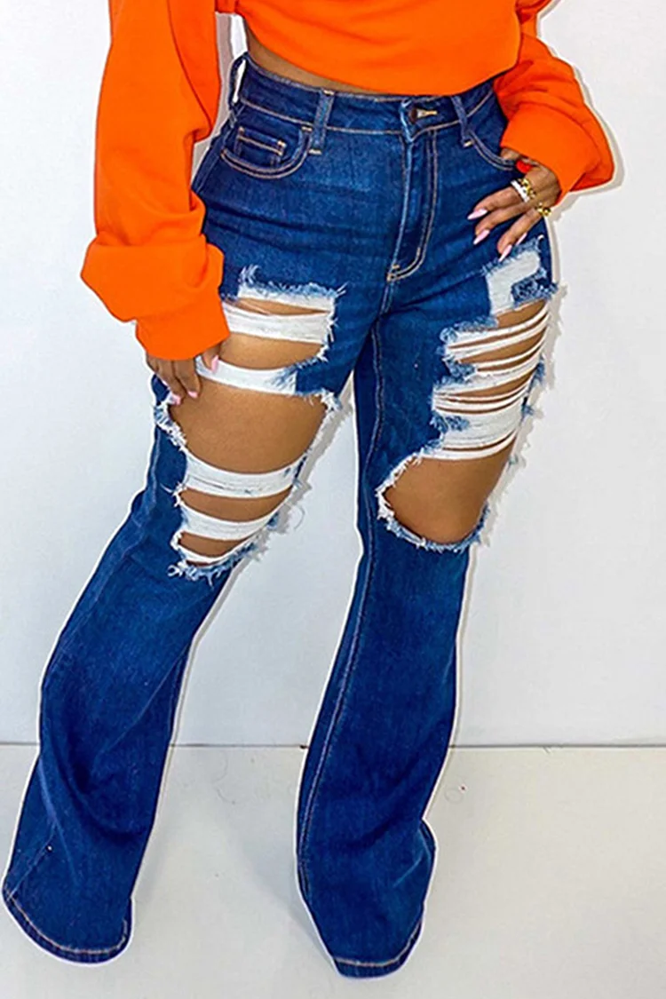 Dark Blue Fashion Casual Solid Ripped High Waist Regular Denim Jeans
