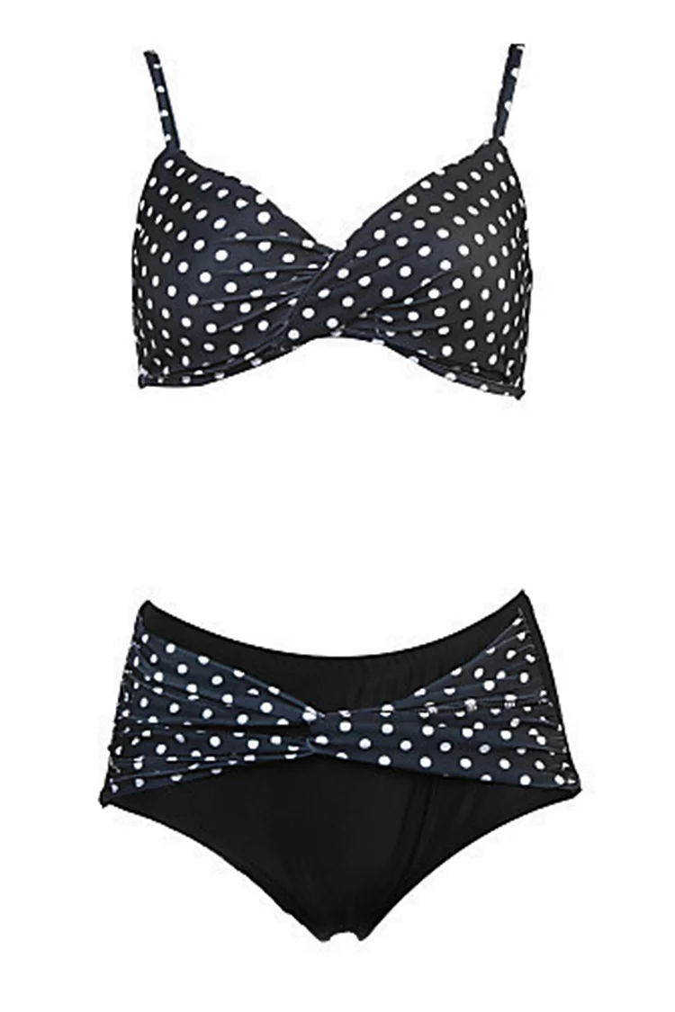 1950s Black Vacation Polka Dot Ruched Two Pieces Swimsuit Set