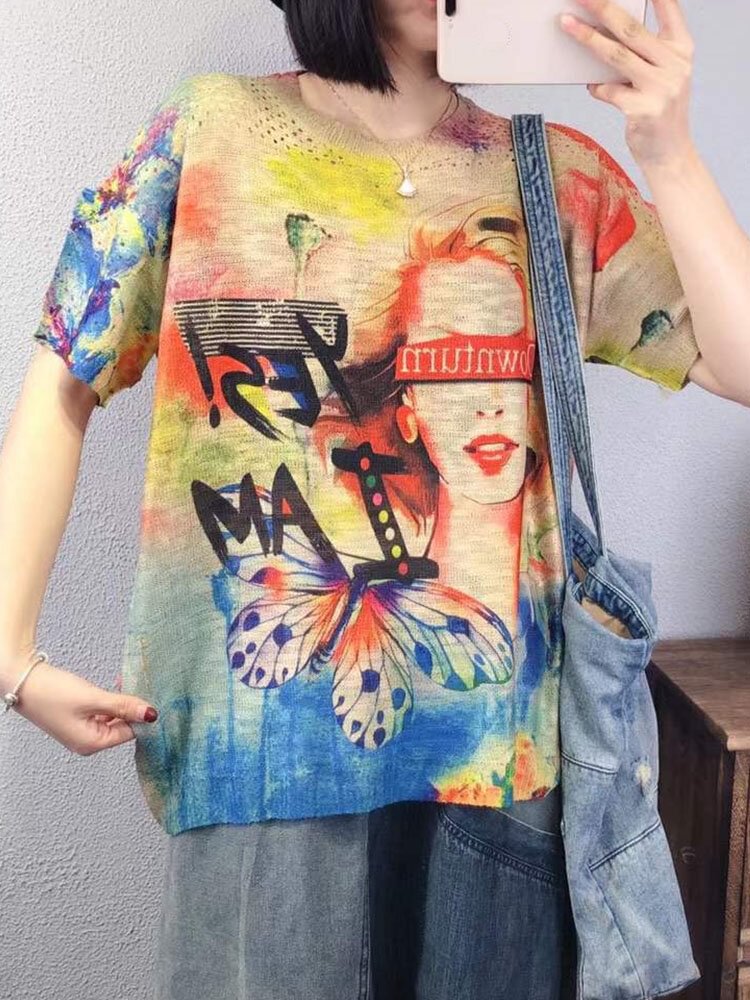 Cartoon Figure Pattern Letters Print Short Sleeve Loose Knitted T Shirt P1837994