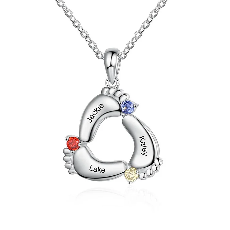 Baby Feet Necklace with 3 Birthstones Engraved 3 Names Family Necklace