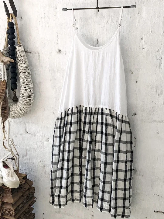 Classic Check Print Stitching Sling Linen Dress