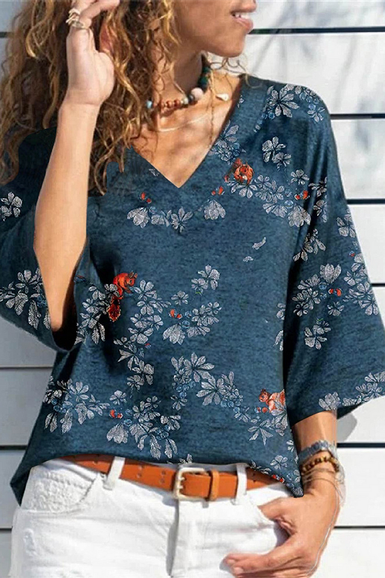 Casual Print Split Joint V Neck T-Shirts(4 Colors) - Life is Beautiful for You - SheChoic