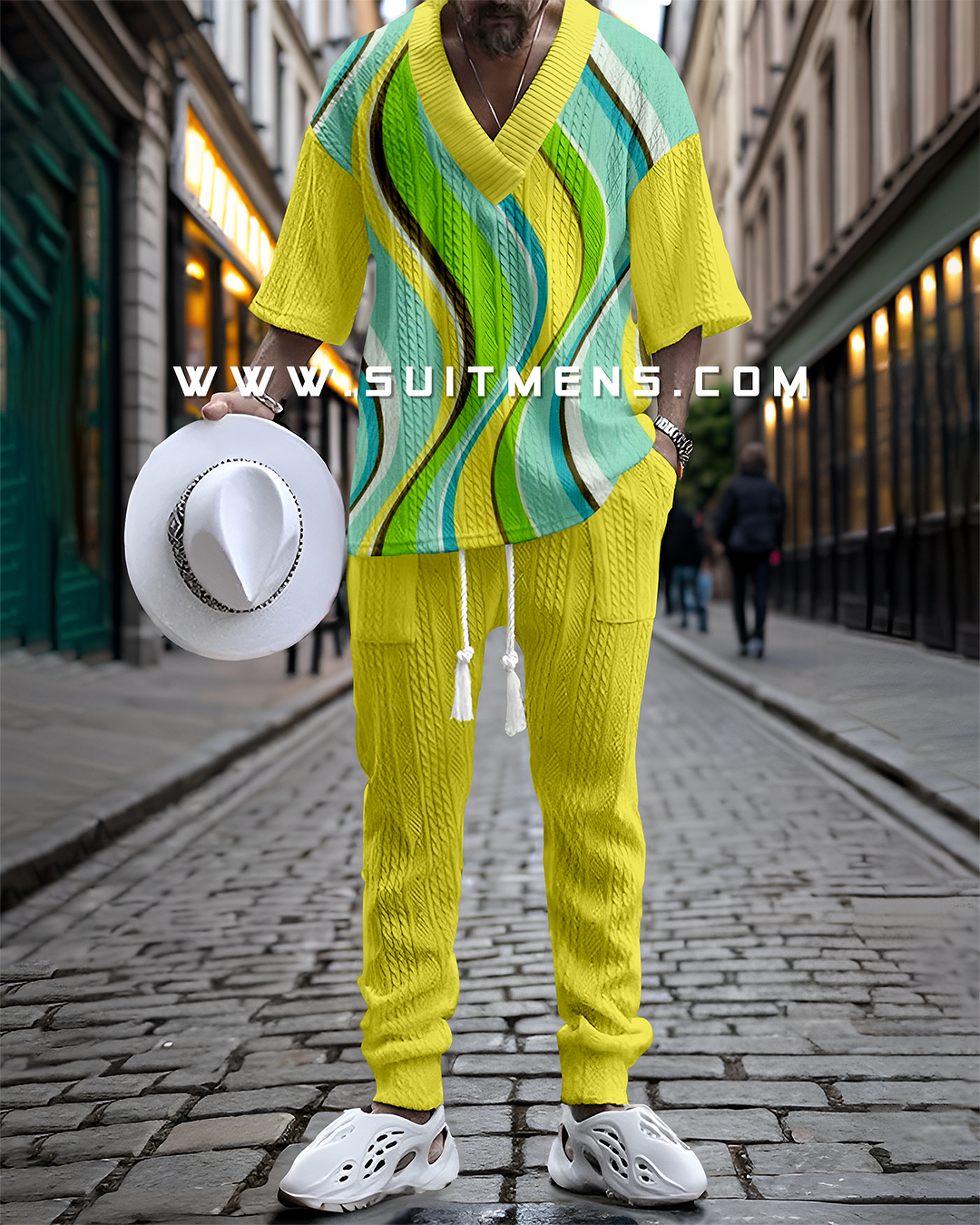 Men's V-neck luxury line textured print trouser Set 036