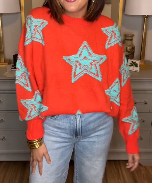 TOMATO RED AND TURQUOISE STAR KNIT SWEATER