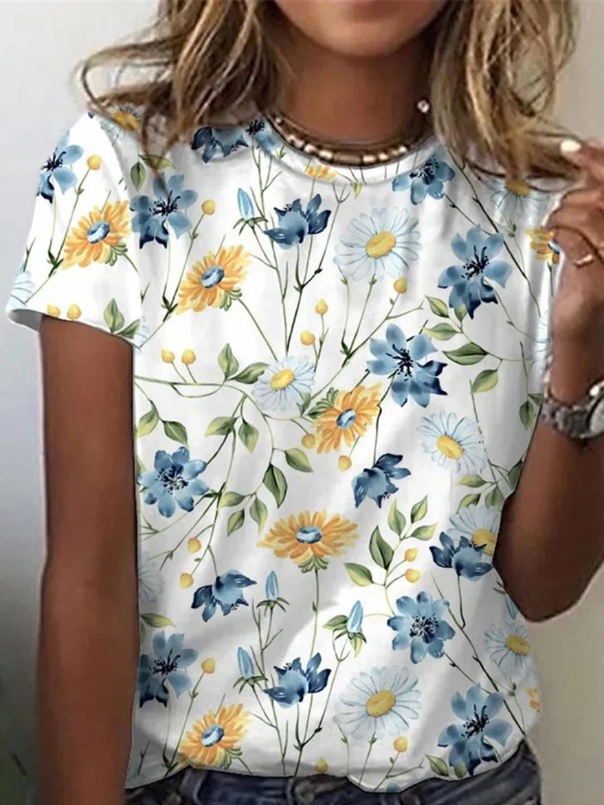 Fashion Flower Print Short Sleeve T-Shirt | EGEMISS