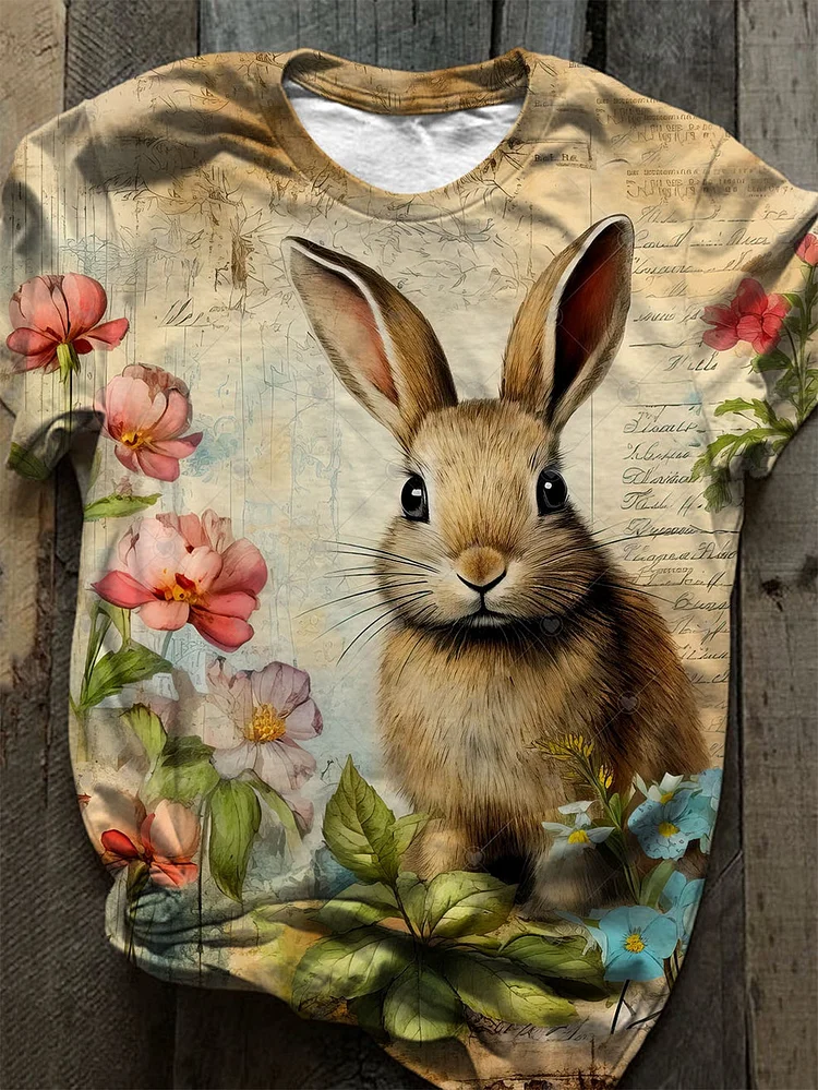 Retro Rabbit Print Crew Neck T-Shirt