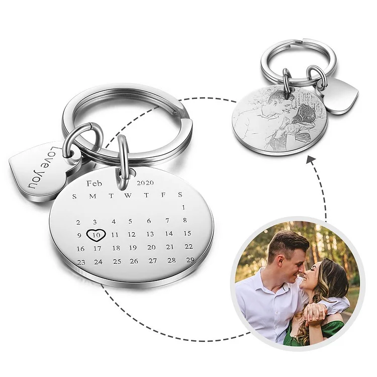 Custom Photo Keychain Personalized with Calendar and Engraved Heart Charm Birthday Gift