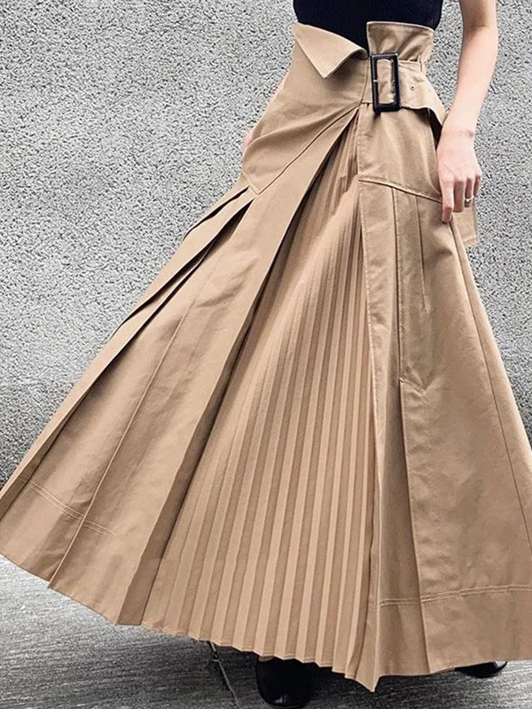 High-Waist Pleated Lace-Up Skirt A-Line Long Skirt