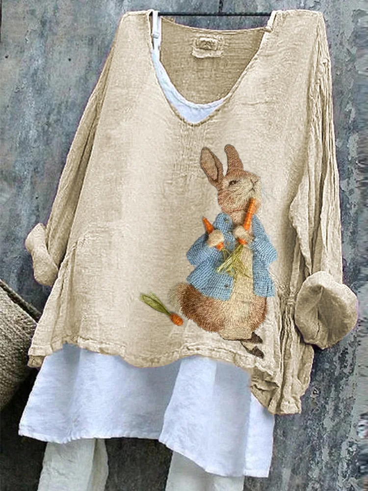 Comstylish Cute Bunny Embroidery Pattern Cozy Linen Shirt
