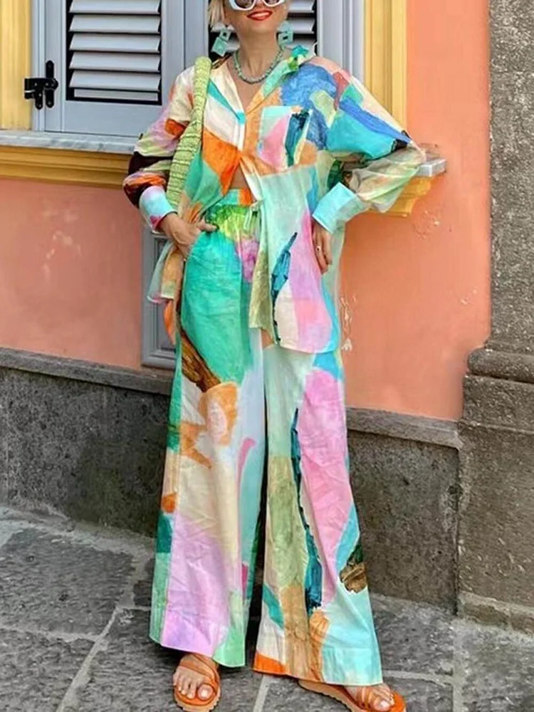 Printed Shirt Casual Collar Loose Long Sleeve Two-Piece Set