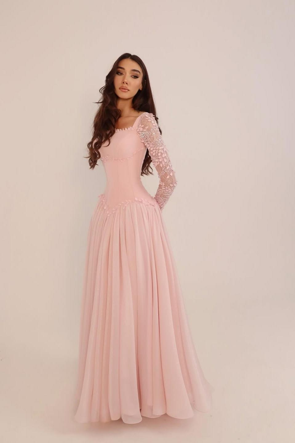 Lussooy Glamorous Chiffon Candy Pink Long Sleeves Long Evening Dress With Sequins