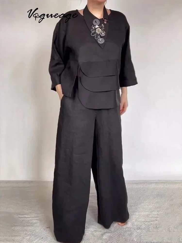 Round Neck Satin Layered Design Top Wide Leg Pants Set