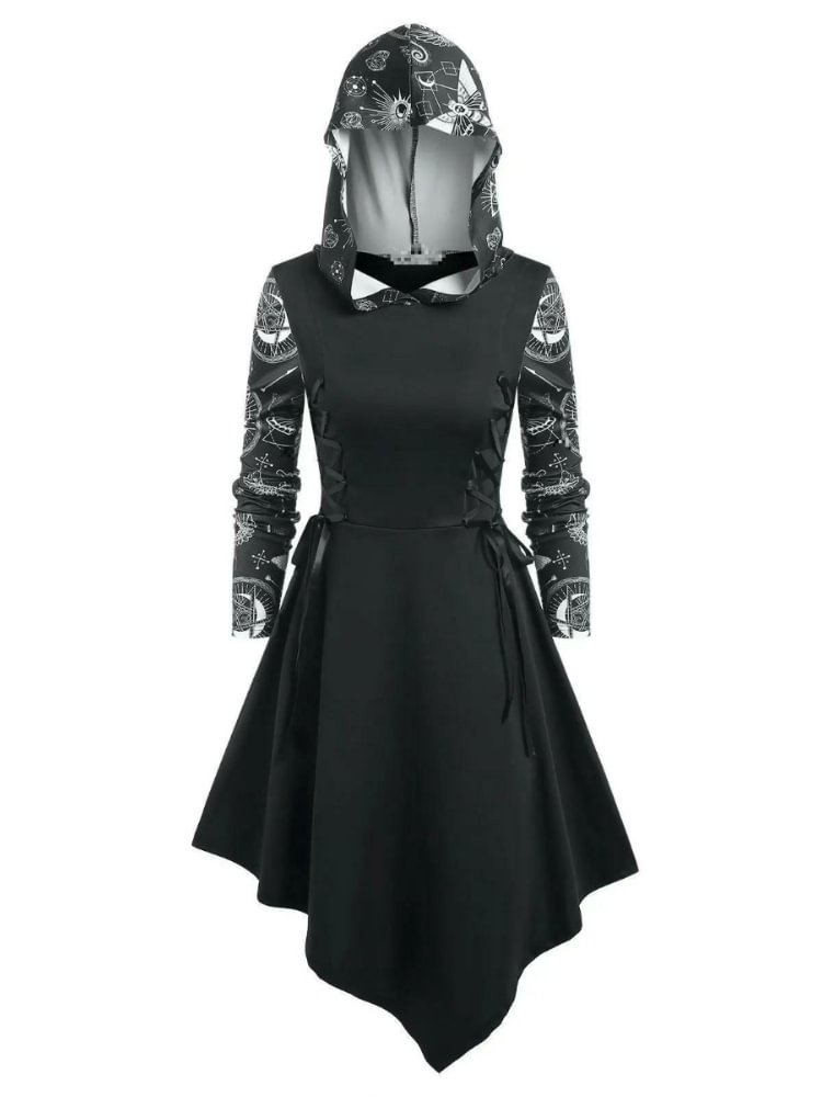 Ethnic Print Hooded Tie Ruffled Midi Dress