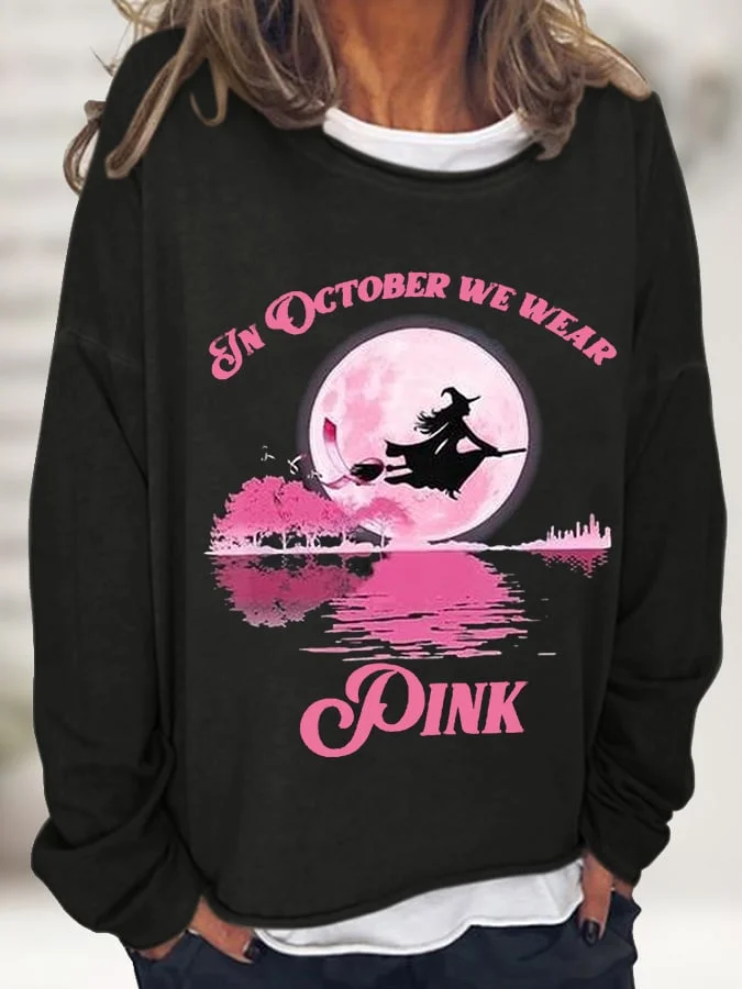 Women's Breast Cancer Awareness Witch Halloween In October We Wear Pink Graphic Long-Sleeve T-shirt socialshop