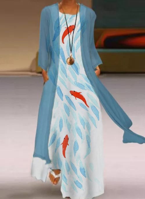 Retro Printed Casual Loose Elegant Two Piece Long Dress P158624880
