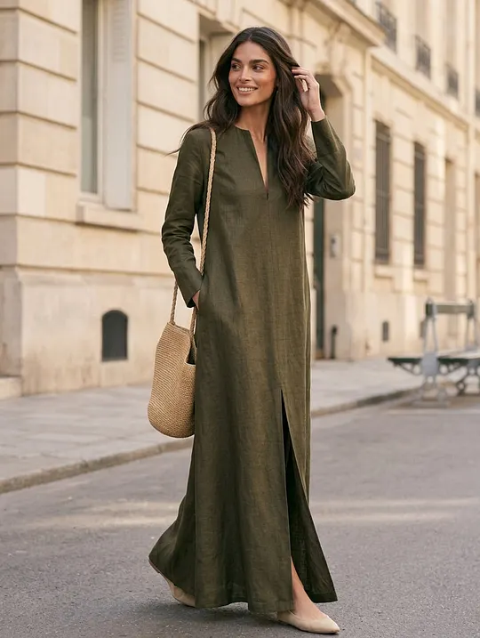 Women's Casual Dark Green Cotton-linen Long-sleeved Maxi Dress MD