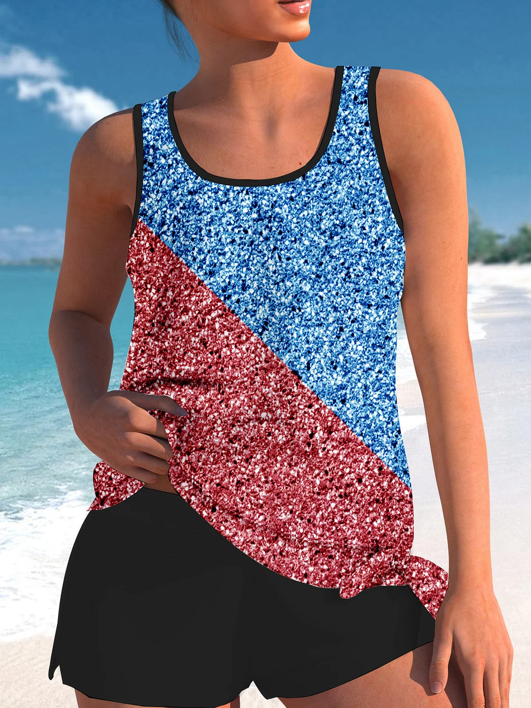 Bowknot Blue Colorblock Printed Mid Waisted Tankini Set - Plus Size Available