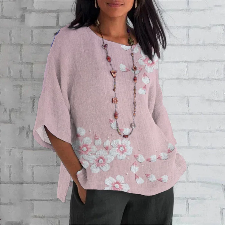 Comstylish Pink Floral Embroidery Art Linen Blend Cozy Tunic