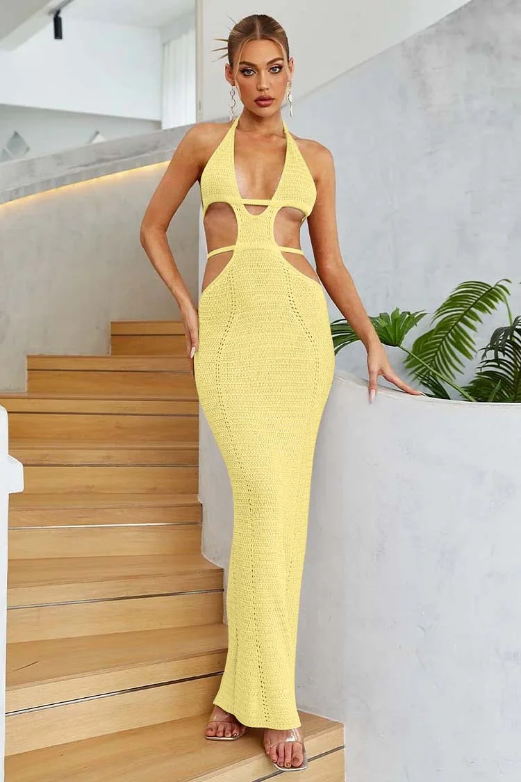 Cutout Knitted V Neck Tie Straps Bodycon Maxi Dresses