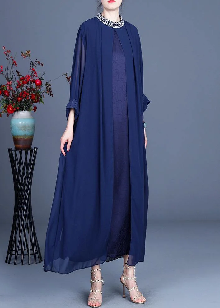 Fine Blue Embroidery long Maxi Summer  Chiffon Dress