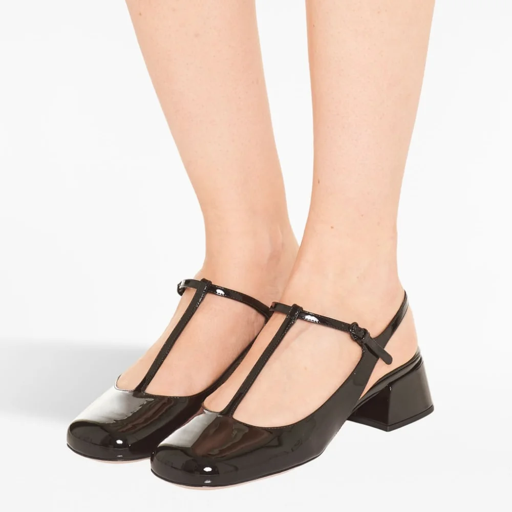 Black Patent Leather Closed Square Toe T-Strappy Loafers With Low Chunky Heels Nicepairs