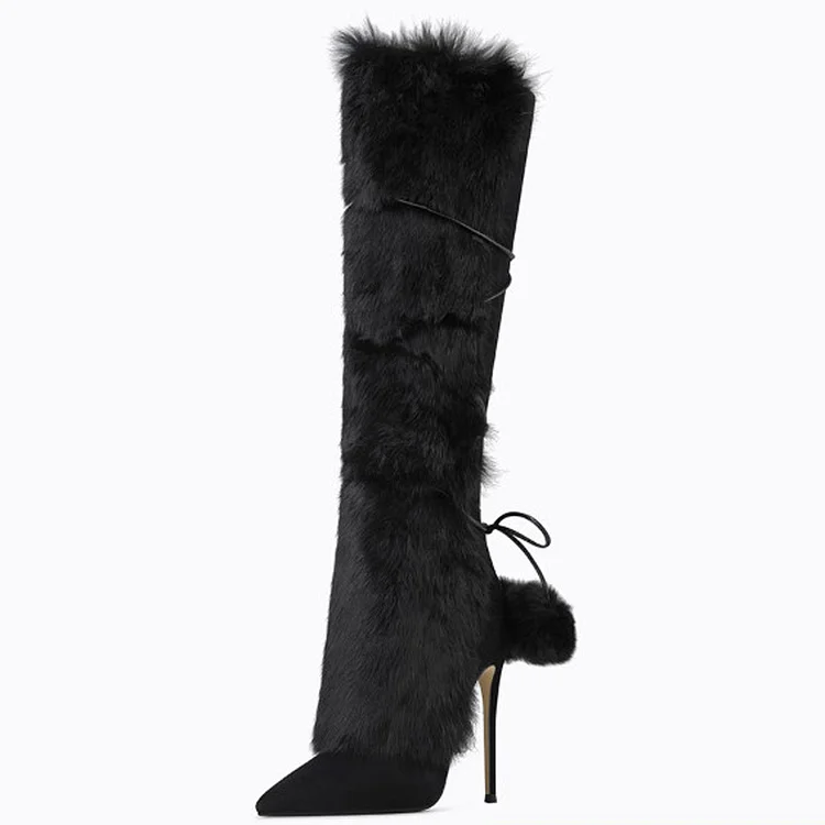 Black Strappy Pompom Pointed Toe Stiletto Heel Women's Faux Fur Boots |FSJ Shoes