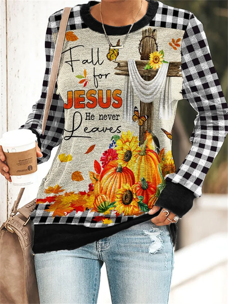 Vefave Fall For Jesus He Never Leaves Plaid Sweatshirt