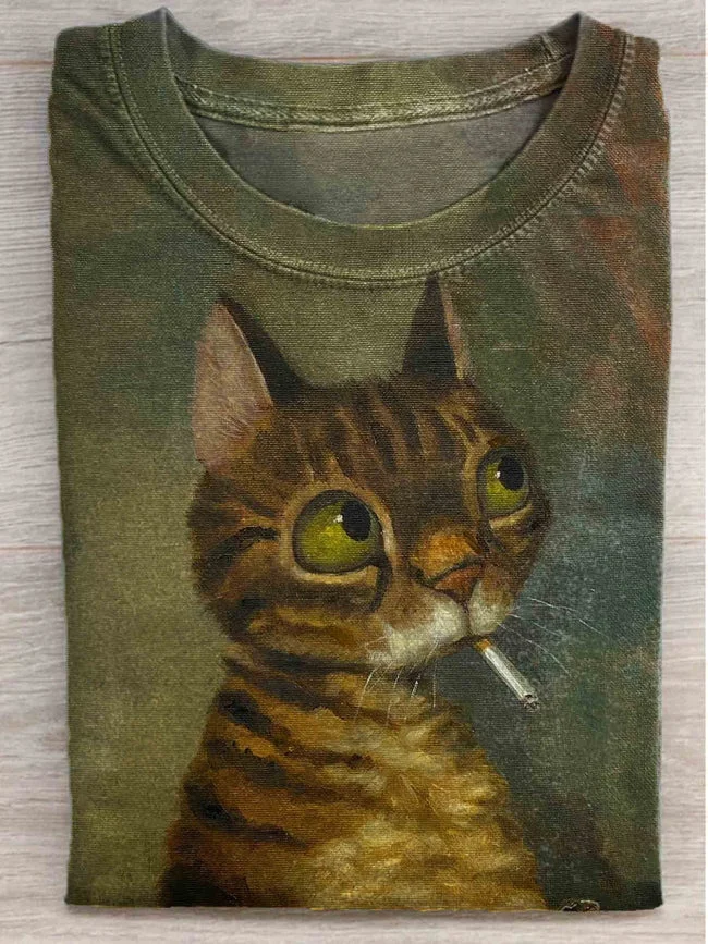 Men's Halloween Vintage Smoking Cat Print T-Shirt