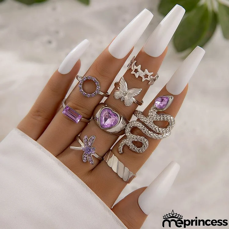 Women Fashion Simple Purple Butterfly Star Snake Ring Eight-Piece Set