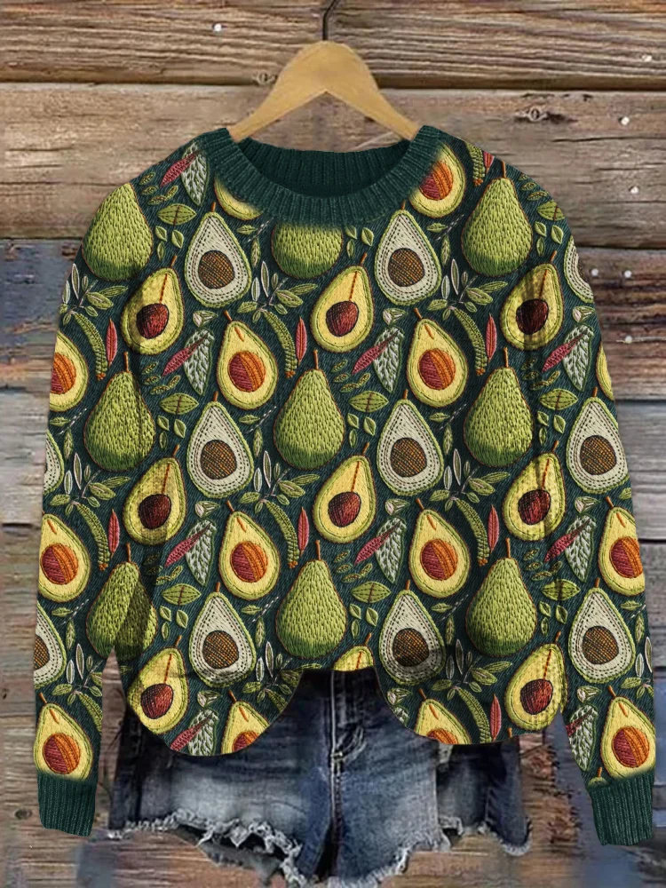 VChics Avocado Embroidery Pattern Cozy Knit Sweater