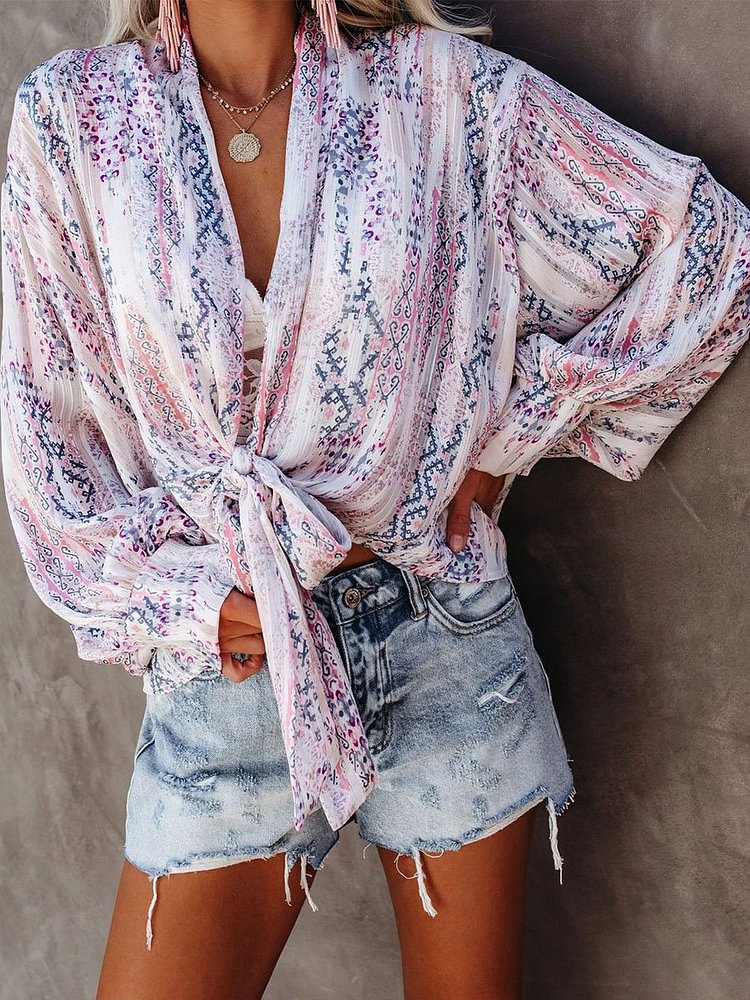 Graphic Print Knotted Front Lantern Sleeve Top P12186