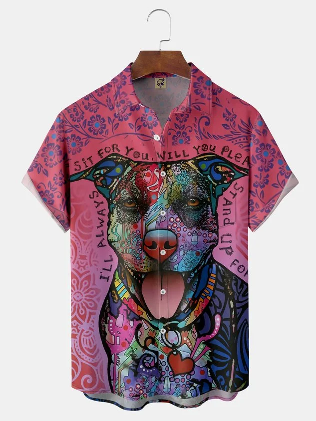 Dog Illustration Chest Pocket Short Sleeve Casual Shirt