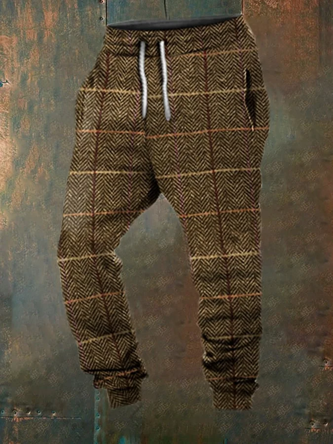 Men's Retro Checkered Herringbone Print Casual Loose Sweatpants