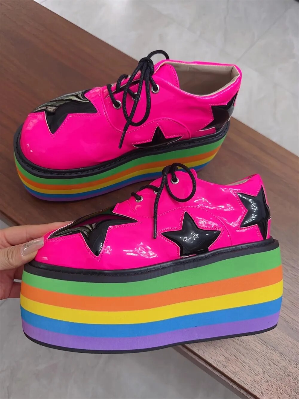 VCshoes Women Rose Red PL Shoes Woman High Thick Wedges Heels Pumps Lady Dress Party Shoes Rainbow Bottom Five-pointed Star