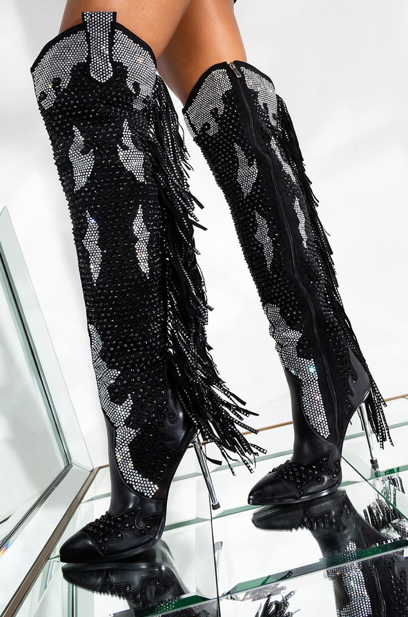 VCSHOES Womens Rhinetone Embellished Over The Knee Boots Crystal Fringe Party Shoes Thigh Metal High Heel Long Boots
