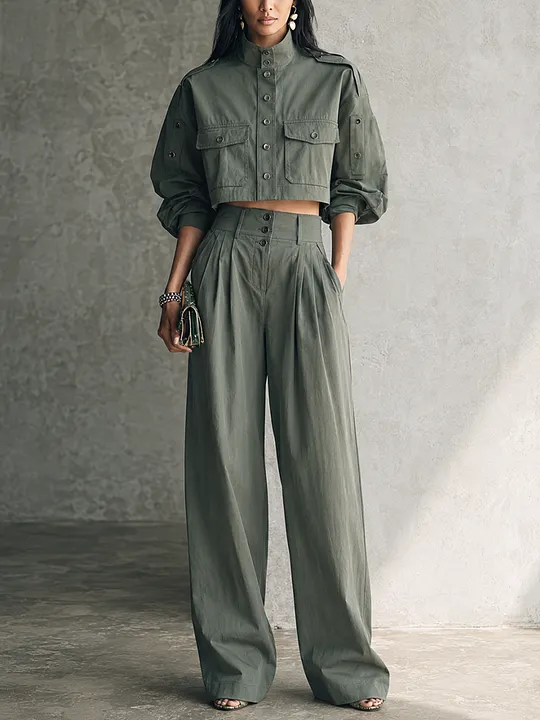 Women's Utility Olive Green Cotton Blend Cropped Jacket Pleated Wide-Leg Pants Set MD
