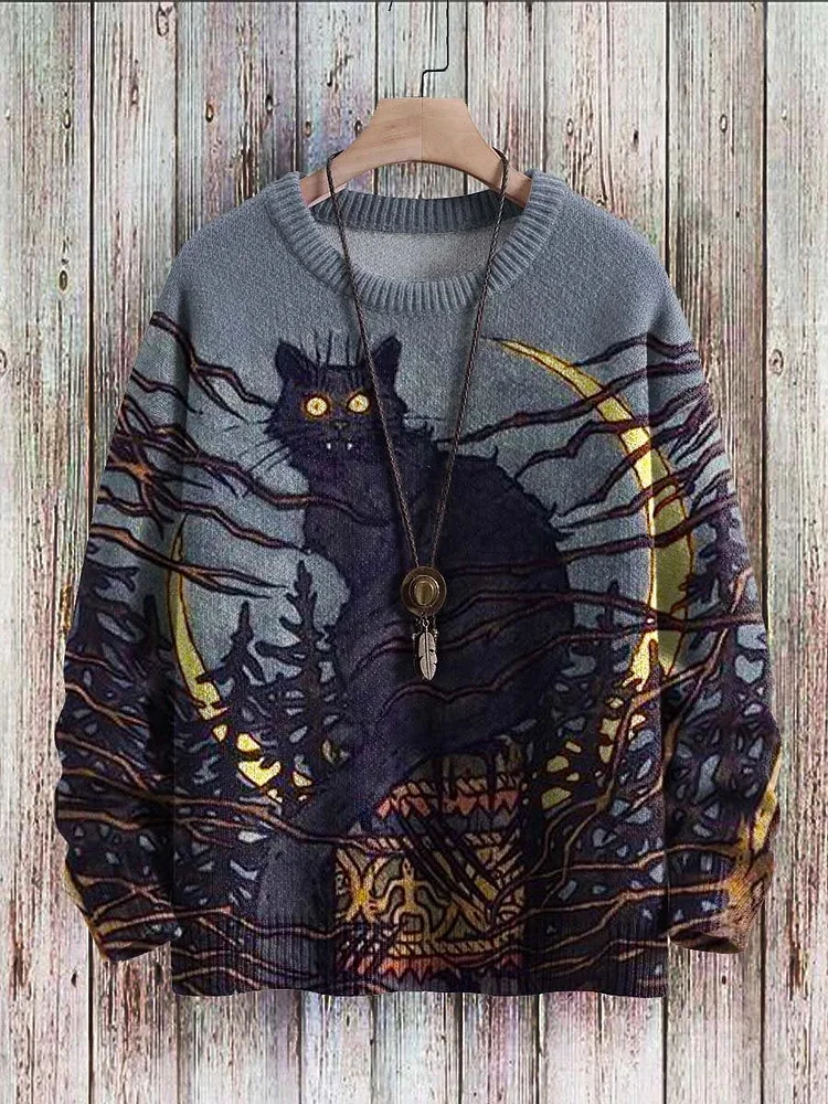 Men's Halloween Cat Moon Art Graphic Print Knitted Sweater