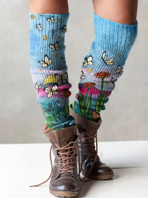 Retro butterfly and floral print knit boot cuffs leg warmers